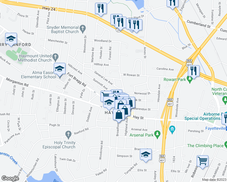 map of restaurants, bars, coffee shops, grocery stores, and more near 1308 Summitt Avenue in Fayetteville