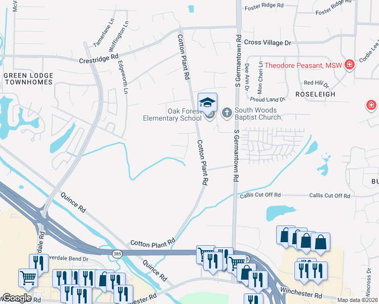 map of restaurants, bars, coffee shops, grocery stores, and more near 3262 Cotton Bale Lane in Memphis