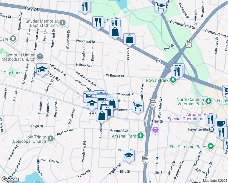 map of restaurants, bars, coffee shops, grocery stores, and more near 1106 Norwood Street in Fayetteville