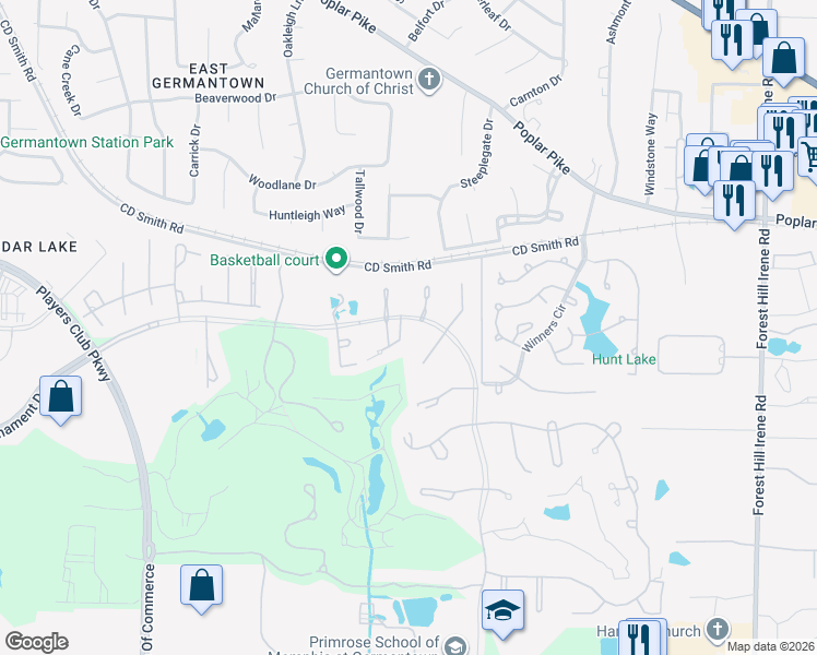 map of restaurants, bars, coffee shops, grocery stores, and more near 8671 Tournament Drive in Memphis
