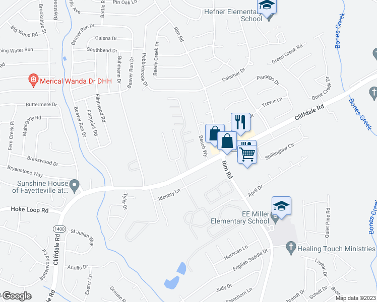 map of restaurants, bars, coffee shops, grocery stores, and more near 1315 Braybrooke Place in Fayetteville