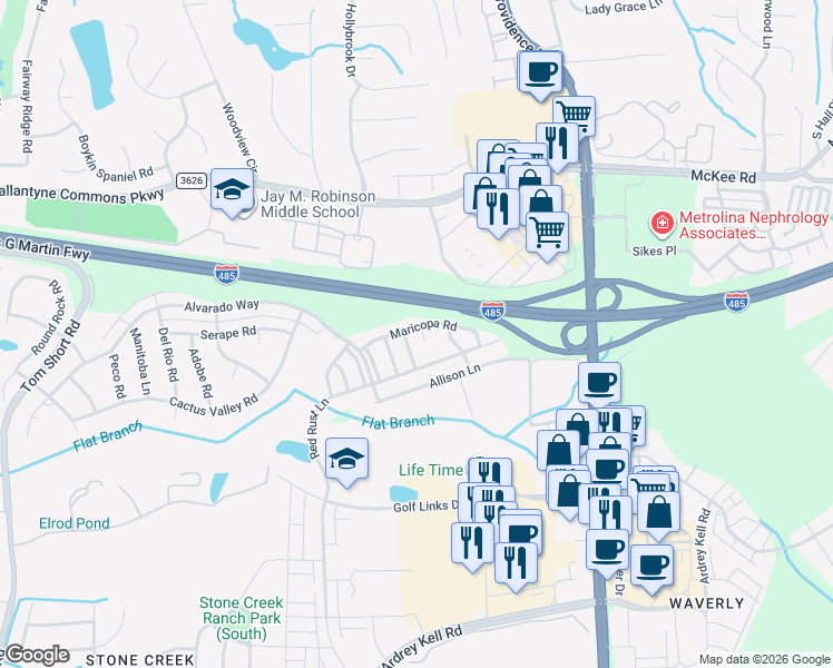 map of restaurants, bars, coffee shops, grocery stores, and more near 11206 Wrangler Trail Way in Charlotte