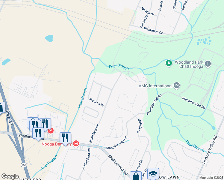 map of restaurants, bars, coffee shops, grocery stores, and more near 6398 Brickhouse Road in Chattanooga