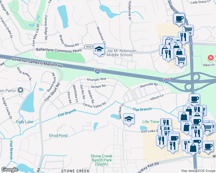 map of restaurants, bars, coffee shops, grocery stores, and more near 5603 Lago Vista Court in Charlotte