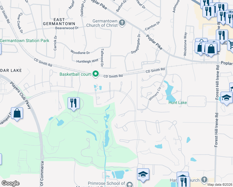 map of restaurants, bars, coffee shops, grocery stores, and more near 8671 Tournament Drive in Memphis