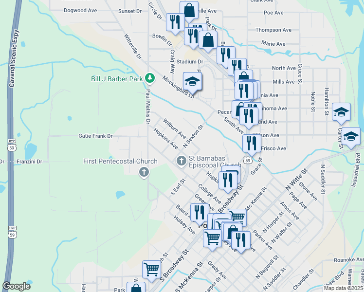map of restaurants, bars, coffee shops, grocery stores, and more near 501 North Sexton Street in Poteau