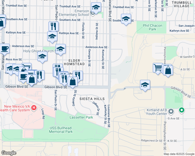 map of restaurants, bars, coffee shops, grocery stores, and more near 1112 Indiana Street Southeast in Albuquerque