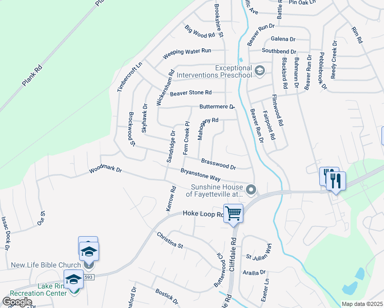 map of restaurants, bars, coffee shops, grocery stores, and more near 6894 Brasswood Drive in Fayetteville