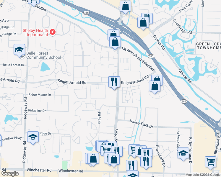 map of restaurants, bars, coffee shops, grocery stores, and more near 6551 Knight Arnold Road in Memphis