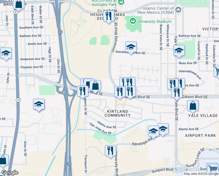 map of restaurants, bars, coffee shops, grocery stores, and more near 1511 Gibson Boulevard Southeast in Albuquerque