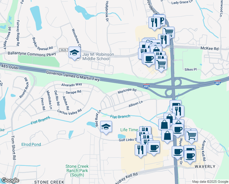 map of restaurants, bars, coffee shops, grocery stores, and more near 6835 Maricopa Road in Charlotte