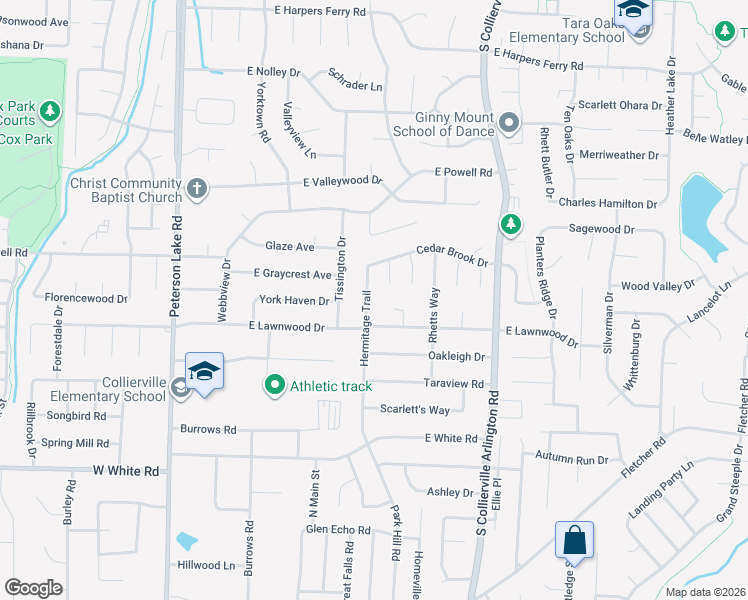 map of restaurants, bars, coffee shops, grocery stores, and more near 722 Hermitage Trail in Collierville