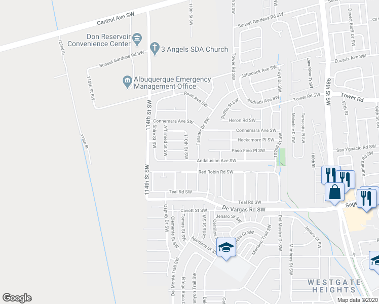 map of restaurants, bars, coffee shops, grocery stores, and more near 844 110th Street Southwest in Albuquerque