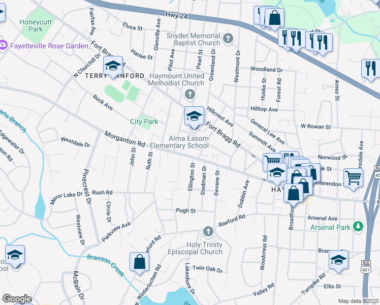 map of restaurants, bars, coffee shops, grocery stores, and more near 1806 Morganton Road in Fayetteville