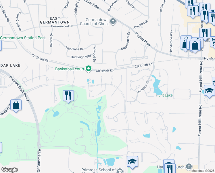 map of restaurants, bars, coffee shops, grocery stores, and more near 8671 Tournament Drive in Memphis