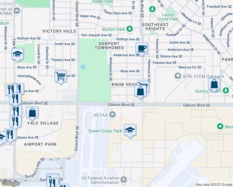 map of restaurants, bars, coffee shops, grocery stores, and more near 3413 Crest Avenue Southeast in Albuquerque