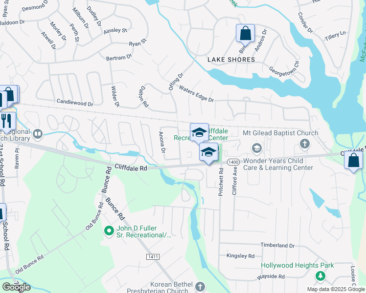 map of restaurants, bars, coffee shops, grocery stores, and more near 529 Offing Drive in Fayetteville