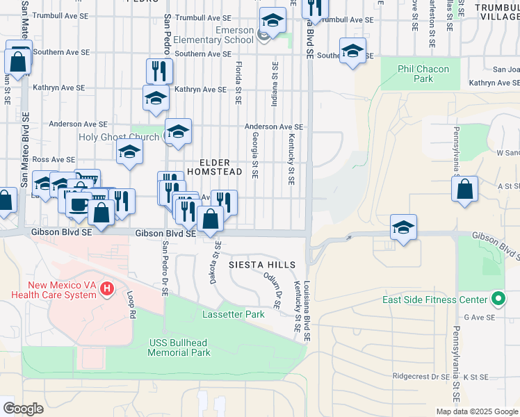 map of restaurants, bars, coffee shops, grocery stores, and more near 1116 Georgia Street Southeast in Albuquerque