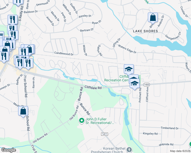 map of restaurants, bars, coffee shops, grocery stores, and more near 661 Bartons Landing Place in Fayetteville