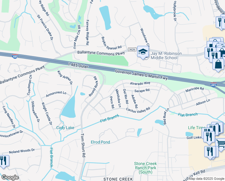 map of restaurants, bars, coffee shops, grocery stores, and more near 10341 Alvarado Way in Charlotte