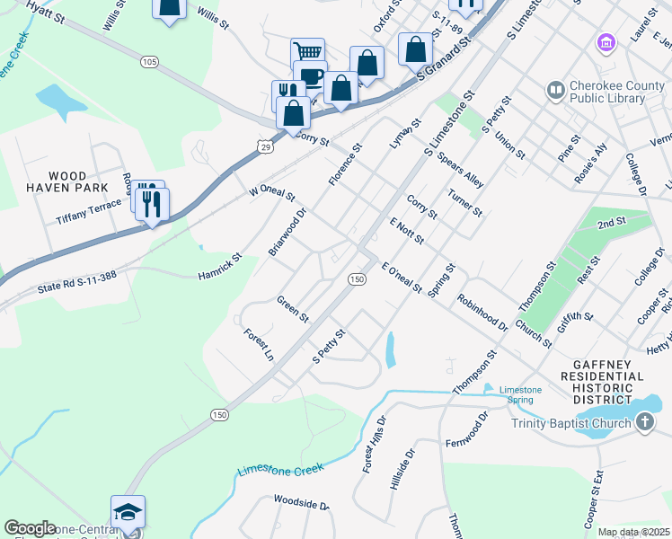 map of restaurants, bars, coffee shops, grocery stores, and more near 1006 South Limestone Street in Gaffney
