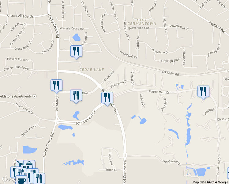 map of restaurants, bars, coffee shops, grocery stores, and more near 3284 Winderly Cove in Memphis