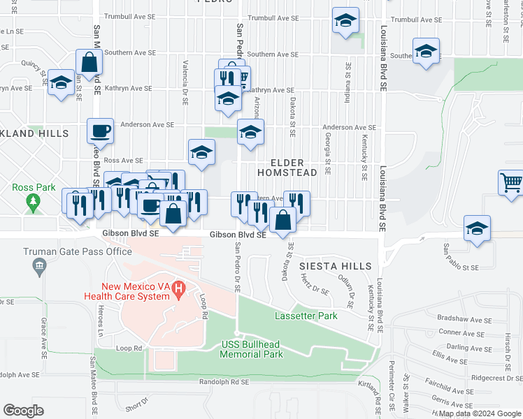 map of restaurants, bars, coffee shops, grocery stores, and more near 1112 Arizona Street Southeast in Albuquerque