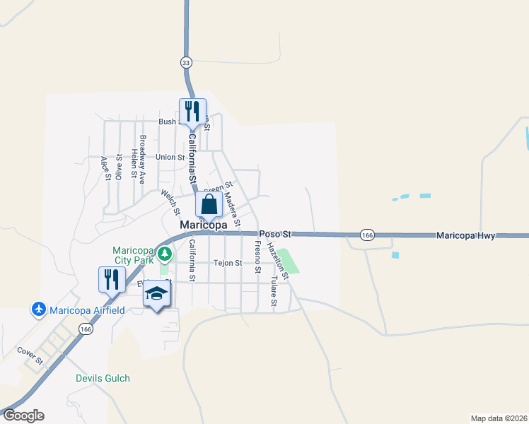 map of restaurants, bars, coffee shops, grocery stores, and more near 627 Hazelton Street in Maricopa