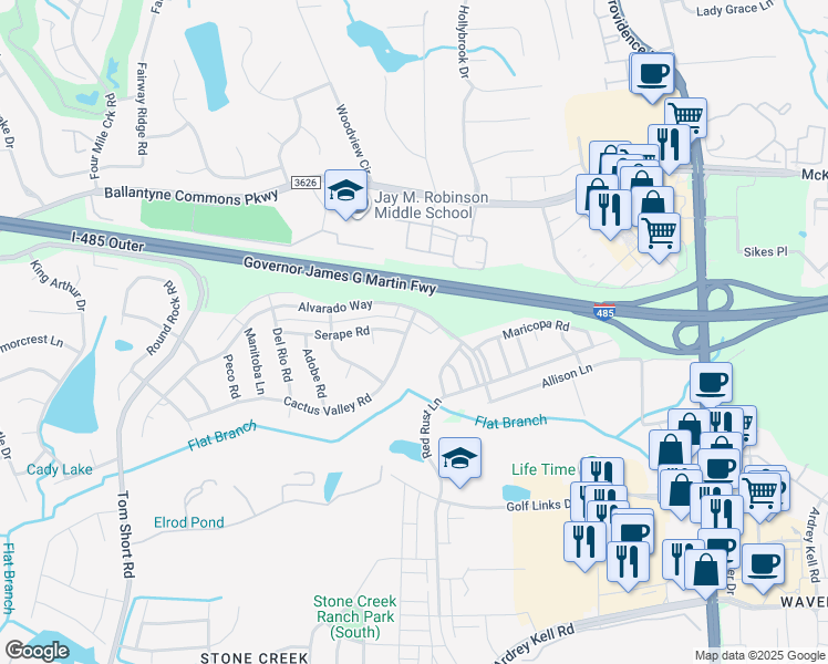 map of restaurants, bars, coffee shops, grocery stores, and more near 5519 Cactus Valley Road in Charlotte
