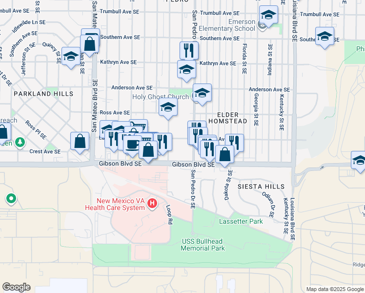 map of restaurants, bars, coffee shops, grocery stores, and more near 1201 San Pedro Drive Southeast in Albuquerque