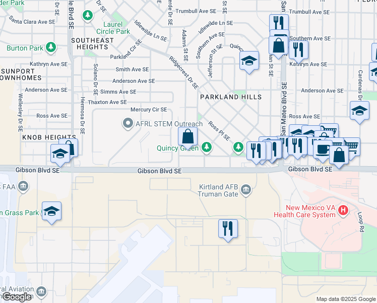map of restaurants, bars, coffee shops, grocery stores, and more near 4617 Crest Avenue Southeast in Albuquerque