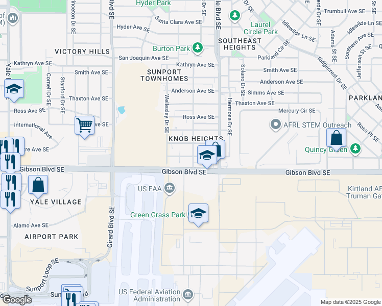 map of restaurants, bars, coffee shops, grocery stores, and more near 3437 Crest Avenue Southeast in Albuquerque