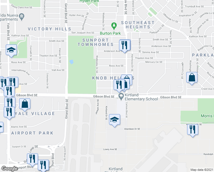 map of restaurants, bars, coffee shops, grocery stores, and more near 3437 Crest Avenue Southeast in Albuquerque