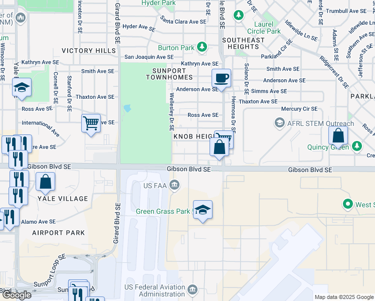 map of restaurants, bars, coffee shops, grocery stores, and more near 3413 Crest Avenue Southeast in Albuquerque