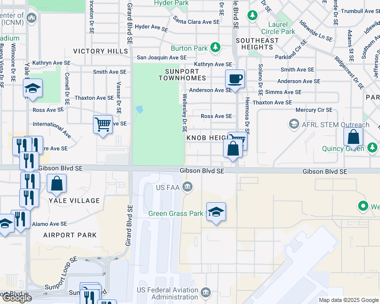 map of restaurants, bars, coffee shops, grocery stores, and more near 3413 Crest Avenue Southeast in Albuquerque