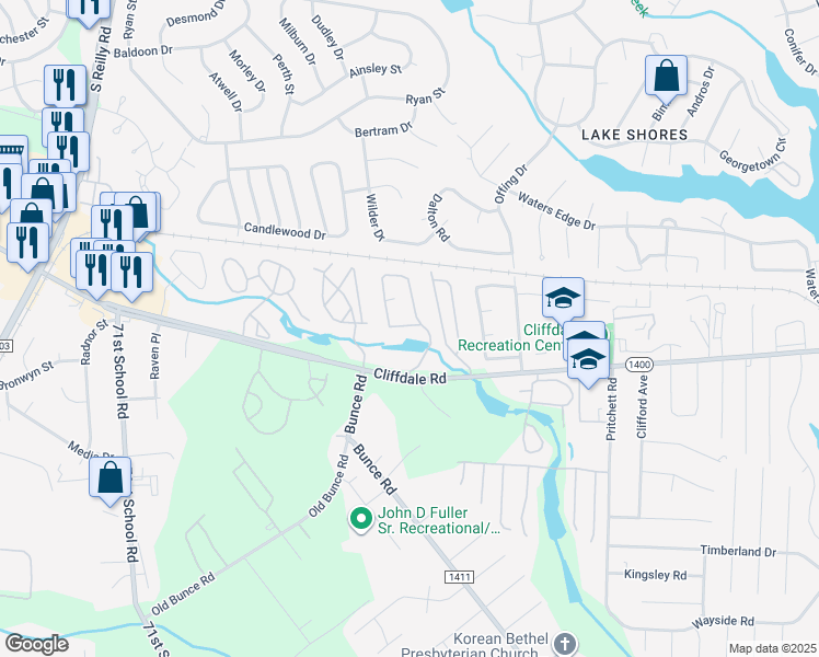 map of restaurants, bars, coffee shops, grocery stores, and more near 661 Bartons Landing Place in Fayetteville