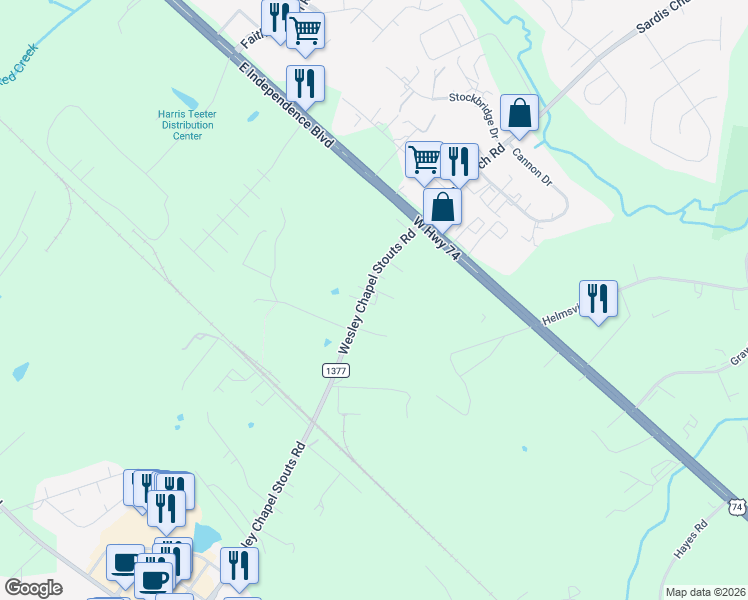 map of restaurants, bars, coffee shops, grocery stores, and more near 3614 Wesley Chapel Stouts Road in Monroe