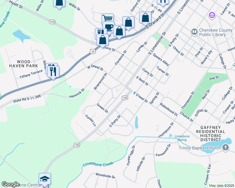 map of restaurants, bars, coffee shops, grocery stores, and more near 1006 South Limestone Street in Gaffney