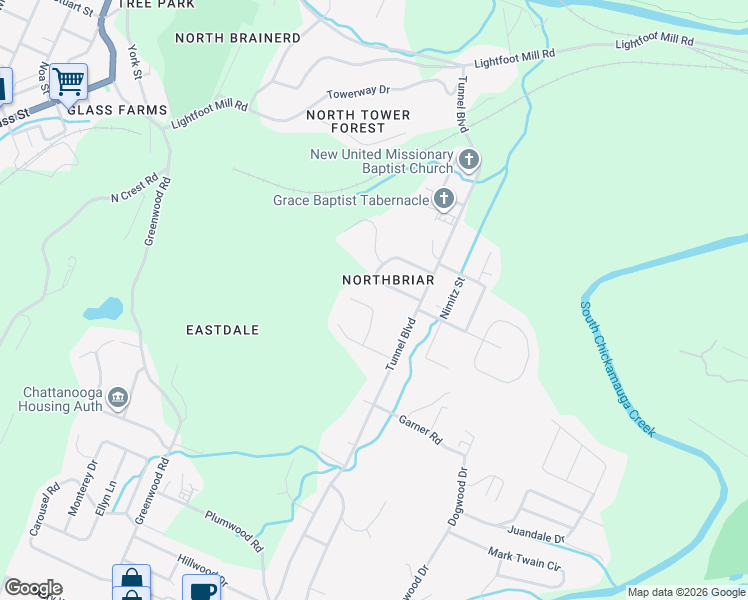 map of restaurants, bars, coffee shops, grocery stores, and more near 2416 NorthBrier Circle in Chattanooga