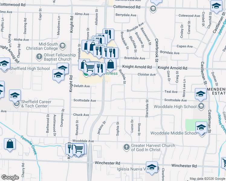 map of restaurants, bars, coffee shops, grocery stores, and more near 3268 Gaylord Ln in Memphis