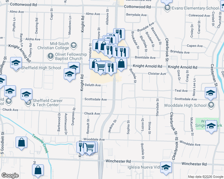 map of restaurants, bars, coffee shops, grocery stores, and more near 3272 South Perkins Road in Memphis