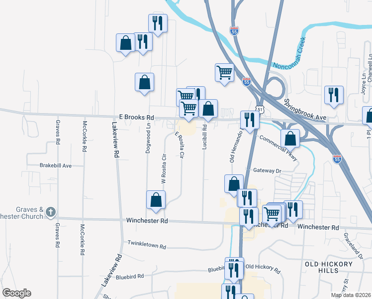 map of restaurants, bars, coffee shops, grocery stores, and more near 3268 East Rosita Circle in Memphis
