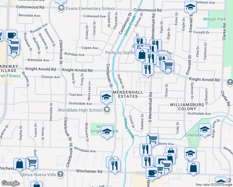 map of restaurants, bars, coffee shops, grocery stores, and more near 3264 Castleman Street in Memphis