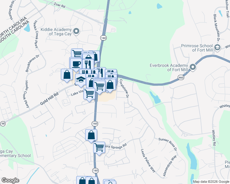 map of restaurants, bars, coffee shops, grocery stores, and more near 773 Crossroads Plaza in Tega Cay
