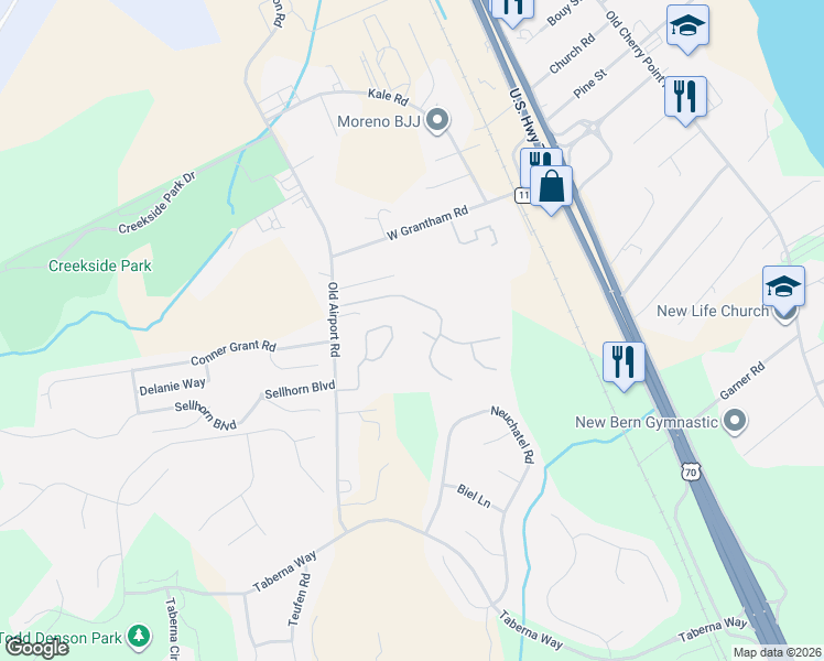 map of restaurants, bars, coffee shops, grocery stores, and more near 105 Owls Nest Court in New Bern