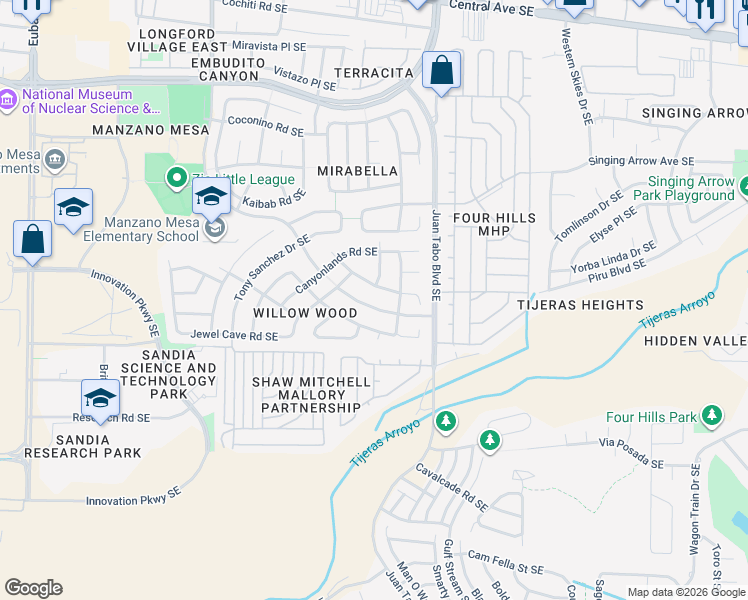 map of restaurants, bars, coffee shops, grocery stores, and more near 11603 Herman Roser Avenue Southeast in Albuquerque