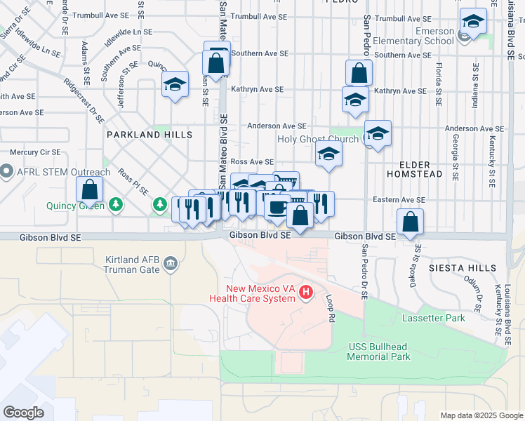 map of restaurants, bars, coffee shops, grocery stores, and more near 1325 Palomas Drive Southeast in Albuquerque