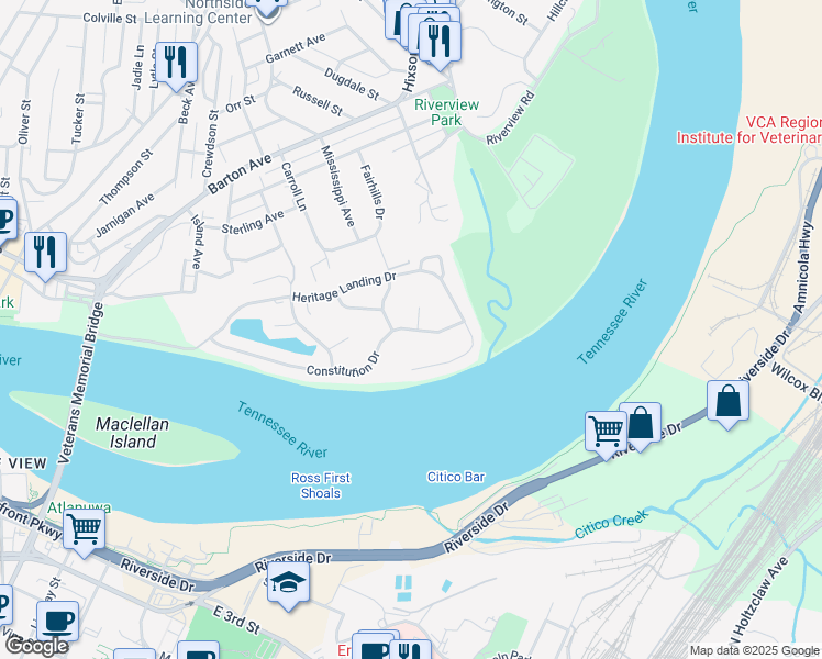map of restaurants, bars, coffee shops, grocery stores, and more near 1219 Constitution Drive in Chattanooga