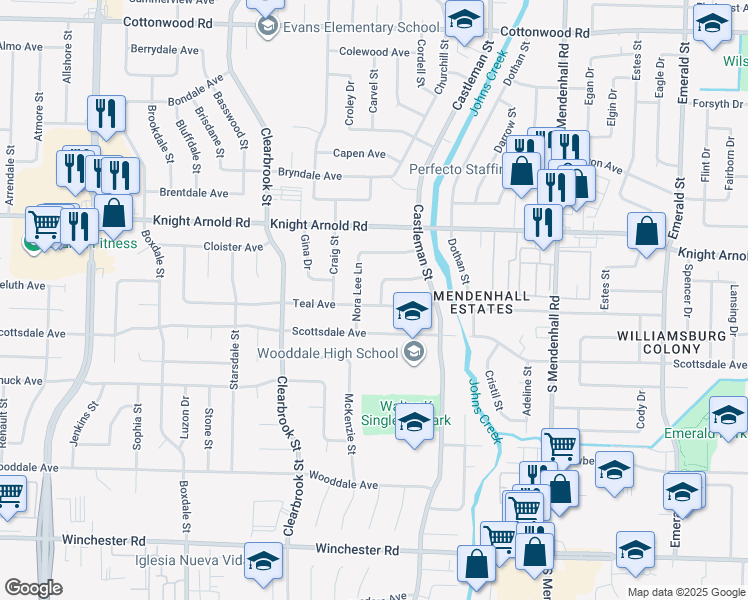 map of restaurants, bars, coffee shops, grocery stores, and more near 5100 Teal Avenue in Memphis