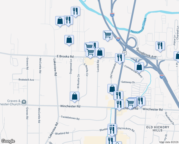 map of restaurants, bars, coffee shops, grocery stores, and more near 3268 East Rosita Circle in Memphis